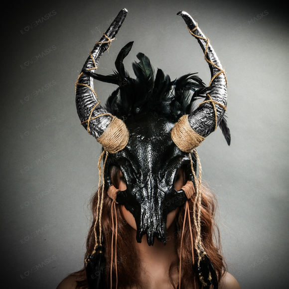 Antelope Devil Silver Horns Animal Skull Ghost Masquerade Mask - Black - Picture 8 of 10